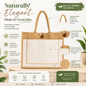 Bolsa de Mano de Yute Premium con Bolsillo Frontal, Asas Naturales, Reutilizable, Ecológica, para Compras, Regalos, Uso Diario - Product Image 5