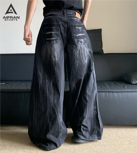 Aifran Sports Vintage Barrel Leg Jeans Men Loose Fit Washed <b>Denim</b> Casual Streetwear Pants Wholesale - Product Image 3