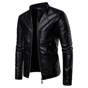 Men's Black PU Leather <b>Jacket</b> Stand Collar Zipper Closure Moto Biker Style <b>Slim</b> <b>Fit</b> Autumn Solid Color Regular Sleeve - Product Image 1