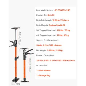 Confezione da 2: Asta di Supporto Telescopica in Acciaio da 21,3 Pollici, Sollevatore per Armadietti da 60 Pollici, Sistema a Terza Mano, Capacità 154 Libbre, Sollevatore per Costruzioni - Product Image 4