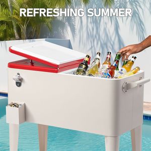 Carrello Frigo Rettangolare in Plastica da 80QT con Gambe in Ferro, Scatola Bianco Latte e Coperchio Rosso 87.5*38.5*91cm - Frigoriferi e Contenitori Termici - Product Image 6