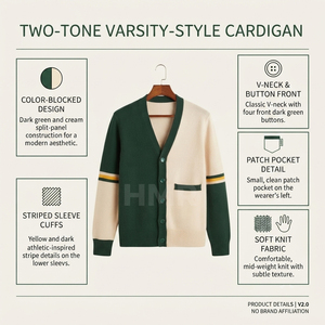 Cárdigan de Punto Acrílico HMR Sisterhood Sorority en Verde Militar y Beige con Contraste de Color, Suéteres de Invierno con Cuello en V y Botones al Frente, Top Informal - Product Image 6