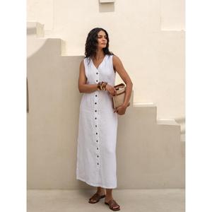 Robe longue en coton et lin blanc pour femmes, sans manches, boutonnée, col en V, élégante, robe longue d'été - Product Image 2