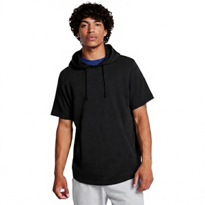 Men's Navy Blue <b>Short</b> <b>Sleeve</b> Hooded T-Shirt Oversized Fit Casual Solid Color Knitted Cotton Breathable Summer <b>Hoodie</b> - Product Image 2