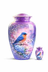 Urna Funeraria con Diseño de Colibrí y Flor en Tono Púrpura, con Acabado Artístico Suave, para Homenaje a Adultos - Product Image 2