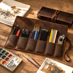 Estuche de Cuero Genuino para Pinceles de Artista, Organizador de Herramientas de Pintura de Acuarela, Estuche de Accesorios para Artista Hecho a Mano, Venta al por Mayor del Fabricante - Product Image 1