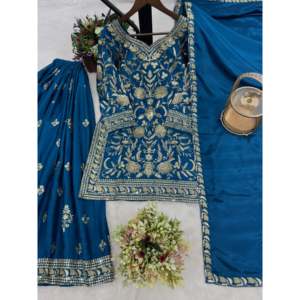 Designer Women's <b>Top</b>-Plazzo and Dupatta Set with Embroidery and Sequence Work - Product Image 3