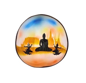 Bol en noix de coco laqué moderne avec motifs vifs de temple et de Bouddha – Bol décoratif durable et élégant pour chaque intérieur - Product Image 1