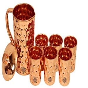 Handmade Pure Copper Water Jug Glass <b>Set</b> | Hammered Copper Drinkware Thermal Insulation 6-12 Hours Camping Use Classic Design - Product Image 4