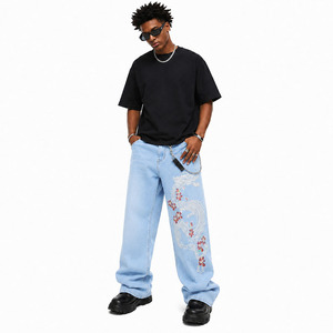 <b>Light</b> Blue Wide Leg Denim Pants High Waist Loose Fit Chinese Style Dragon Embroidery Floral Pattern Spring Casual Men's Jeans - Product Image 3