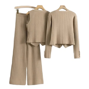 Conjunto de 3 piezas de moda para mujer, chaleco Sexy, cárdigan de manga larga con cremallera, cintura elástica, pantalones de pierna ancha, chándal de mujer, traje de punto - Product Image 5