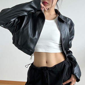 Chaqueta de Motocicleta de Cuero PU con Logotipo Personalizado, Estilo Urbano Invernal, Chaqueta Corta con Cremallera y Manga Larga para Mujer, Top Corto de Poliéster - Product Image 1