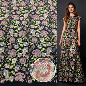 YX1150 고급스러운 스타일의 화려한 꽃무늬 비즈 자수 튤 원단, 스팽글 튤 패션 드레스 원단 (여성용) - Product Image 1