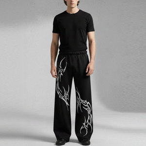 Pantalon de jogging noir pour homme, coupe droite, taille élastique, style décontracté urbain vintage, mi-long, en tissu peigné, pour l'automne - Product Image 6