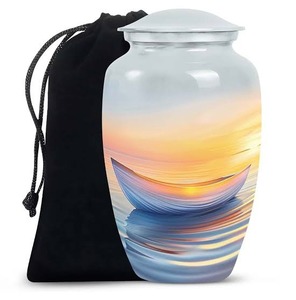 Urne funéraire de crémation haut de gamme pour cendres d'adultes, modèle bateau coucher de soleil, avec couvercle en dôme et pochette en velours noir - Product Image 1