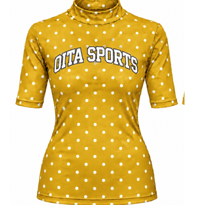<b>Gold</b> Polka Dot Women Mock Neck Short Sleeve T <b>Shirt</b> Slim Fit Casual Printed Stretch Top Fashion Summer Clothing Wholesale Custom - Product Image 1