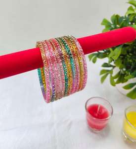 Colorful Stylish Vibrant Silver Plated Trendy Geometric <b>Glass</b> Imitation Pearl Women's Customizable <b>Bangles</b> Churiyan Set Wedding - Product Image 5