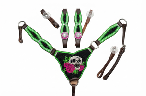 Licol de selle western de luxe fait main en cuir, orné de perles vertes et roses en forme de crâne, avec pierres, tailles et emballage personnalisés, pour l'équitation de trail - Product Image 4