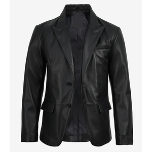 TOPEAK SPORTS Men's Black Genuine <b>Leather</b> Slim Fit Single Button Square Collar Waterproof Breathable Formal <b>Blazer</b> - Product Image 3