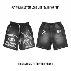 Shorts homme délavés à l'acide, en molleton de coton épais 320 GSM, tissu doux, respirant et durable, délavé vintage, noir/gris, décontracté - Product Image 1