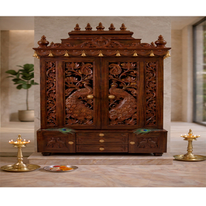 Mandir de Pooja de Madera con Diseño de Pavo Real, Gran Gabinete Hindú para Pooja con Campanas y Cajones, Templo Tradicional para el Hogar, Australia - Product Image 1