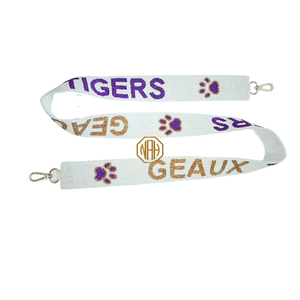 Sangle de sac brodée perlée Geaux Tigers blanc, violet, jaune, avec motif patte et quincaillerie dorée, vente en gros usine - Product Image 6