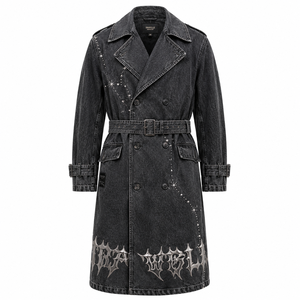 Gabardina de mezclilla gótica con estampado cromado para hombre, abrigo largo negro estilo streetwear con cinturón, ropa exterior premium - Product Image 2