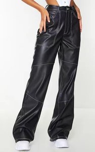 Fashion New <b>Vintage</b> Streetwear Loose Straight Ladies Trouser Solid Color Elastic Waist Wide Leg Pu Leather <b>Cargo</b> Pants Women - Product Image 2