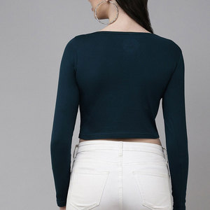 Camiseta de manga larga para mujer, estilo crop top cruzado, color liso, ajustada, de punto transpirable, con aberturas, sexy, estilo club - Product Image 4