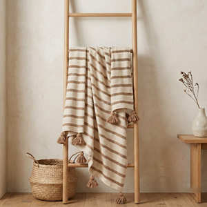Premium <b>Navy</b> Blue Woven Sofa Throw Horizontal Striped Cotton Blanket Coastal Living Room Styling - Product Image 5