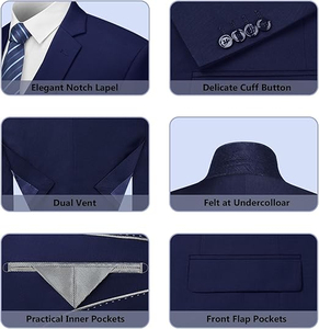 Costume d'affaires 3 pièces bleu marine pour homme avec gilet, col à revers simple, style britannique, infroissable - Product Image 4