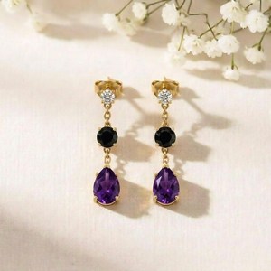 Purple Amethyst Pear & Black Obsidian <b>Earrings</b> Gemstone Dangle Stud <b>Earrings</b> Elegant Minimalist Jewelry Gift For Her - Product Image 3