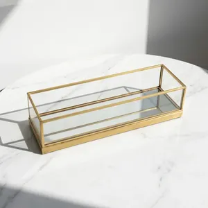 Luxury Modern Lacquered Brass & Glass <b>Storage</b> <b>Tray</b> with Gold Frame for Jewelry Vanity Bathroom Use - Product Image 2