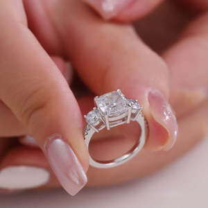 IGI Certified Three Stone <b>Cushion</b> Cut Lab Grown Diamond Engagement <b>Ring</b> Half Eternity Pave Band for Women Solid Gold <b>Ring</b> - Product Image 3