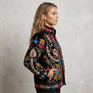 Chaqueta de terciopelo bordada para mujer, cuello mandarín, estampado floral, manga larga, estilo otoñal, ropa exterior Prairie Chic - Product Image 2
