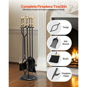 5 PCS <b>Fire</b> <b>Tool</b> <b>Set</b> Holder Five Prong Stand Includes Tongs Ash Shovel Brush <b>Fire</b> Place Poker Wrought Iron Fireplaces Accessories - Product Image 2