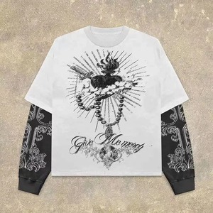 T-shirt à manches longues en coton gaufré superposé, style gothique Y2K, imprimé personnalisé, blanc, nouveau, punk, hip hop - Product Image 1