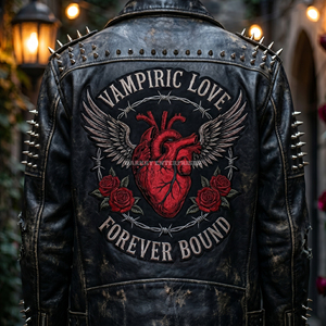 Custom Gothic Biker Leather Jacket <b>Men</b> Embroidered Heart Patch <b>Studded</b> Distressed Punk Rock Moto Streetwear Wholesale Supplier - Product Image 5