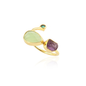 Bague en laiton plaqué or 18 carats avec trois pierres précieuses : améthyste brute, préhnite, calcédoine, émeraude, quartz – Bague ajustable pour usage quotidien - Product Image 3