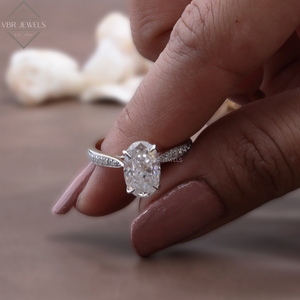 Bague solitaire ovale de luxe en or blanc avec pavé de diamants, pour fiançailles, mariage, cadeau, fournisseur de bijoux fins pour femmes - Product Image 6