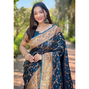 Sari en soie Katan Banarasi bleu profond Elite Weaves avec tissage Zari, vêtements indiens et pakistanais - Product Image 2