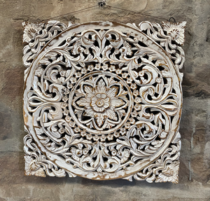 Panneau mural décoratif carré en bois massif blanc vieilli, sculpté à la main avec motifs floraux, pour la tête de lit de canapé ou le mur arrière du salon - Product Image 4