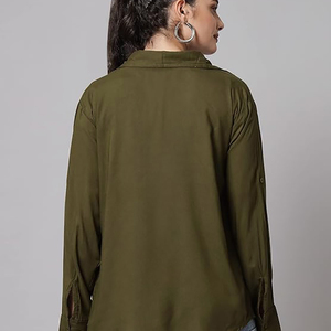 Nuevas Camisas Vaqueras Casuales de Alta Calidad para Mujer, Color Verde, Corte Holgado, Tallas Grandes, Camisas Vaqueras de Algodón, Estilo Creativo - Product Image 4