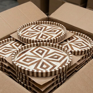 Handmade Round <b>Wooden</b> <b>Serving</b> <b>Tray</b> With Geometric Inlay Pattern Handmade Decorative Platter For Party Tableware - Product Image 3