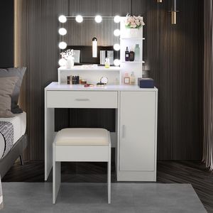 FCH Grand ensemble coiffeuse avec 10 ampoules LED, tabouret rembourré, 3 étagères de rangement, 1 tiroir, 1 armoire - Product Image 1
