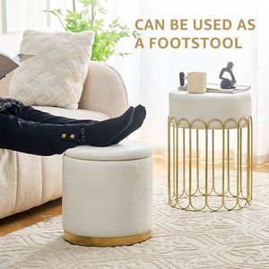 Set of 2 Round Velvet Upholstered Vanity <b>Stool</b> Footrest Living Room Side Table with Removable Lid <b>Storage</b> Ottomans - Product Image 5