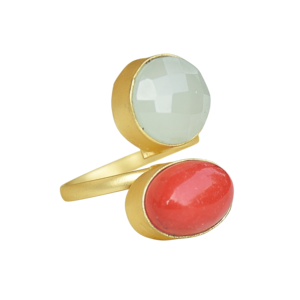 Anillo de Dos Piedras Laxmi Jewellers, Chapado en Oro, Latón, Calcedonia Ovalada, Coral, Engaste en Bisel, Joyería Minimalista Unisex de Moda - Product Image 3