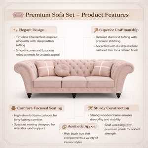 Juego de Sofás Seccionales Chesterfield de 7 Plazas en Color Rosa Pálido para Sala de Estar, Sofá en Forma de L Tapizado con Otomana - Product Image 4