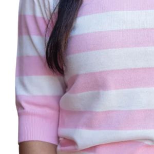 Pull court rayé rose et blanc AKA pour femme, tricoté, avec broderie de blason, haut de gamme, décontracté et élégant - Product Image 5