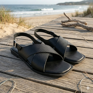 IR COLLECTION Sandales plates gladiateur en cuir véritable pour femme, style coréen, avec bride arrière réglable, légères - Product Image 1